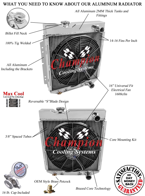 1965 1966 Ford Mustang 3 Row Aluminum Radiator + Fan - Performance Cooling